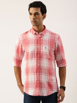 Peter England - Men Pink Slim Fit Check Full Sleeves Casual Shirt