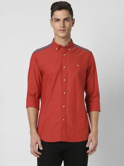 Peter England - Men Red Slim Fit Solid Full Sleeves Casual Shirt