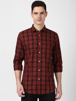 Peter England - Men Red Slim Fit Check Shirt