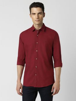 Peter England - Men Maroon Slim Fit Solid Full Sleeves Casual Shirt