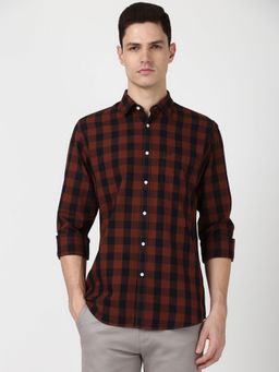 Peter England - Men Brown Slim Fit Check Shirt