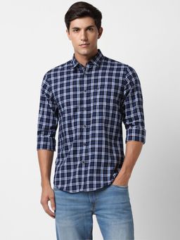 Peter England - Men Navy Slim Fit Check Full Sleeves Casual Shirt