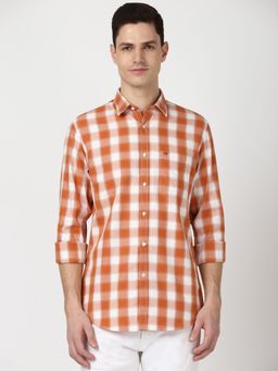 Peter England - Men Orange Slim Fit Check Shirt