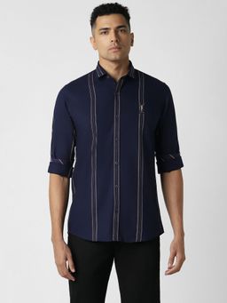 Peter England - Men Navy Slim Fit Stripe Shirt
