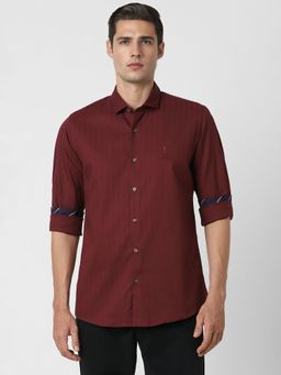Peter England - Men Maroon Slim Fit Stripe Shirt