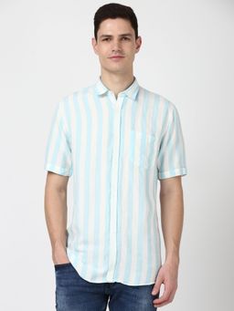 Peter England - Men Blue Slim Fit Stripe Shirt