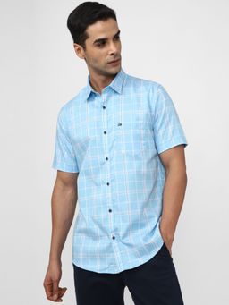 Peter England - Men Light Blue Slim Fit Check Half Sleeves Casual Shirt
