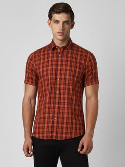 Peter England - Men Orange Slim Fit Check Shirt