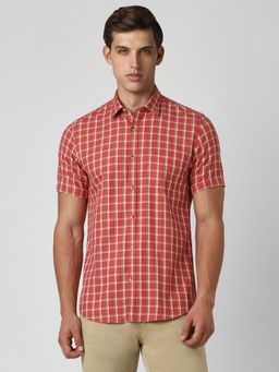 Peter England - Men Red Slim Fit Check Shirt