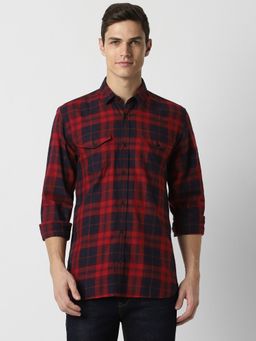 Peter England - Men Red Slim Fit Check Full Sleeves Casual Shirt