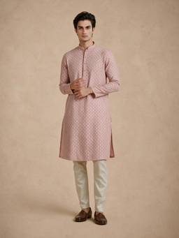 Manyavar - Pink Georgette Kurta with Pajama Thread Embroidery and Sequin Detailing for Men