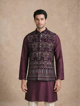Manyavar - Purple Velvet Nehru Jacket with Pocket Square with Pin for Men