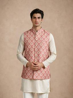Manyavar - Silk Nehru Jacket with Printed Pocket Pin for Men