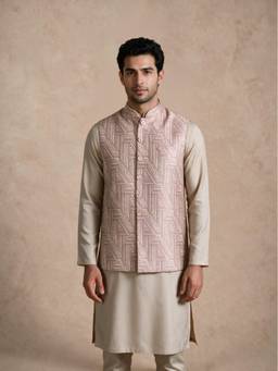Manyavar - Pink Brocade Nehru Jacket with Pocket Pin for Men
