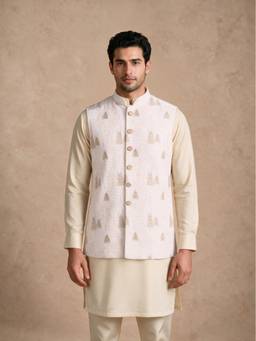 Manyavar - Cream Georgette Nehru Jacket with Embroidery for Men