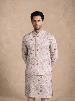 Manyavar - Artsilk Nehru Jacket with Printed Pocket Pin for Men