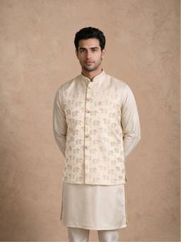 Manyavar - Beige Brocade Nehru Jacket with Pocket Pin for Men