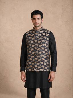 Manyavar - Black Brocade Nehru Jacket with Pocket Pin for Men