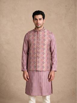 Manyavar - Purple Brocade Nehru Jacket with Pocket Pin for Men