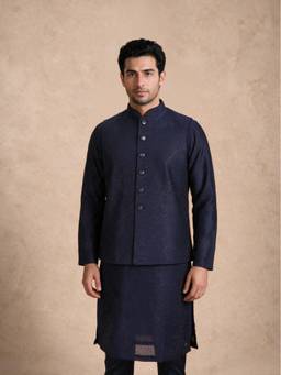 Manyavar - Dark Blue Silk Nehru Jacket with Bead Work for Men