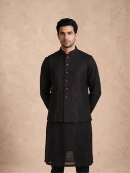 Manyavar - Black Art Silk Nehru Jacket with Bead Work for Men