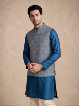 Manyavar - Blue Art Silk Nehru Jacket with Self-Texture for Men