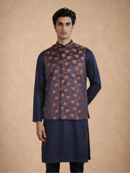 Manyavar - Dark Blue Brocade Nehru Jacket with Pocket Pin for Men