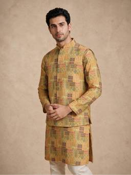 Manyavar - Yellow Georgette Nehru Jacket with Embroidery Pocket Pin for Men