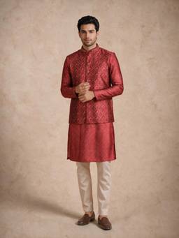 Manyavar - Silk Printed Jacket Kurta with Hand Embroidery Pyjama for Men