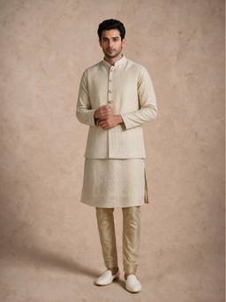 Manyavar - Off White Tissue Jacket Kurta with Thread Embroidery Pyjama for Men