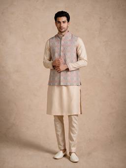 Manyavar - Cream Brocade Kurta Jacket with Hand Embroidery Pyjama and Pin for Men
