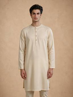 Manyavar - Beige Cotton Solid Kurtas for Men
