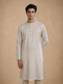 Manyavar - Cream Cotton Solid Kurtas for Men