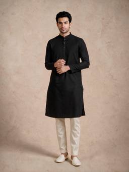 Manyavar - Black Art Silk Self-Texture Kurtas for Men