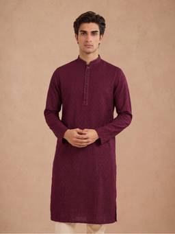 Manyavar - Wine Silk Self Textured Kurta for Men