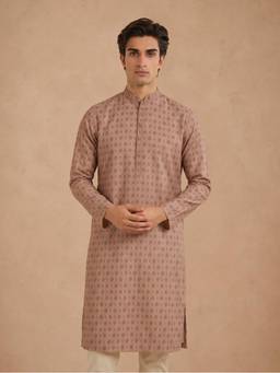 Manyavar - Fawn Blended Cotton Printed Kurta for Men