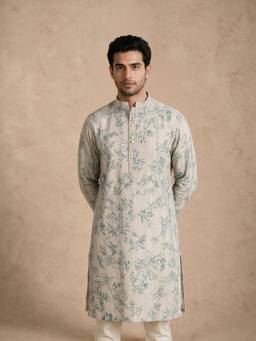 Manyavar - White Blended Cotton Printed Kurtas for Men