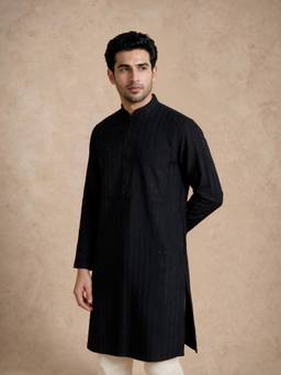 Manyavar - Black Blended Viscose Embroidery Kurtas for Men