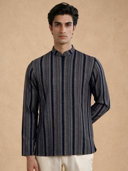 Manyavar - Blue Spandex Printed Short Kurta for Men