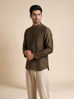 Manyavar - Green Art Silk Short Kurta for Men