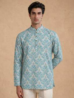 Manyavar - Green Blended Cotton Printed Short Kurta for Men