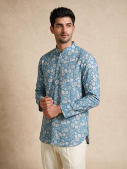 Manyavar - Blue Blended Cotton Printed Short Kurta for Men