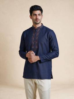 Manyavar - Blue Blended Viscose Short Kurta for Men