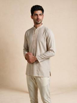 Manyavar - Beige Blended Linen Short Kurta for Men