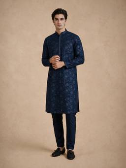 Manyavar - Blue Georgette Kurta with Pajama Thread Embroidery and Sequin Work for Men