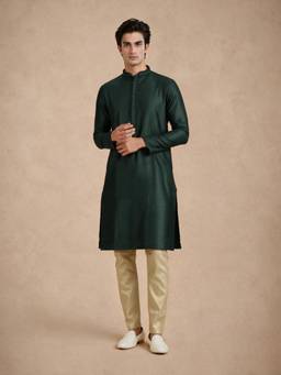 Manyavar - Dark Green Blended Viscose Kurta with Pajama Basic Design for Men