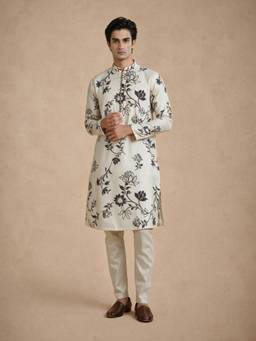 Manyavar - Cream Printed Blended Viscose Kurta Pajama for Men