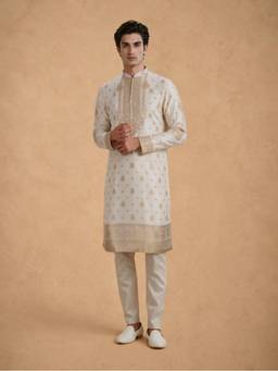 Manyavar - Cream Silk Kurta with Pajama Woven for Men