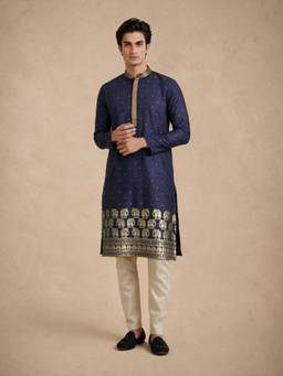 Manyavar - Blue Wovend Blended Viscose Kurta with Pyjama for Men
