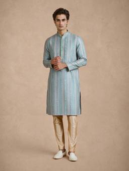 Manyavar - Aqua Green Blended Cotton Kurta with Pajama Embroidery for Men
